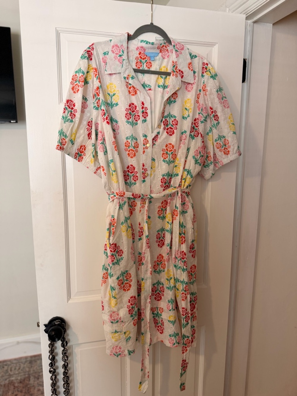 Draper James Cream Eyelet Dress with Red, Pink & Yellow Floral Print